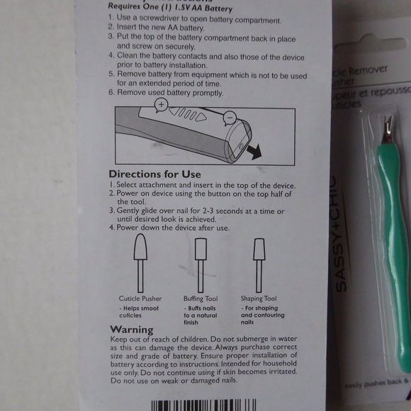 SASSY+CHIC SET OT 2 : ELECTRONIC NAIL KIT+CUTICLE REMOVER & PUSHER , NEW, SEALED - Picture 3 of 5